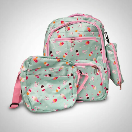 Set Mochila 3 Piezas Estampado Helados Escolar Resistente Verde Claro