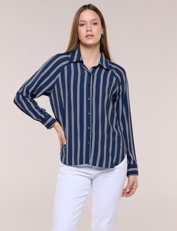 Camisa Rayada De Crepe Con Manga Raglán AZUL/BLANCO