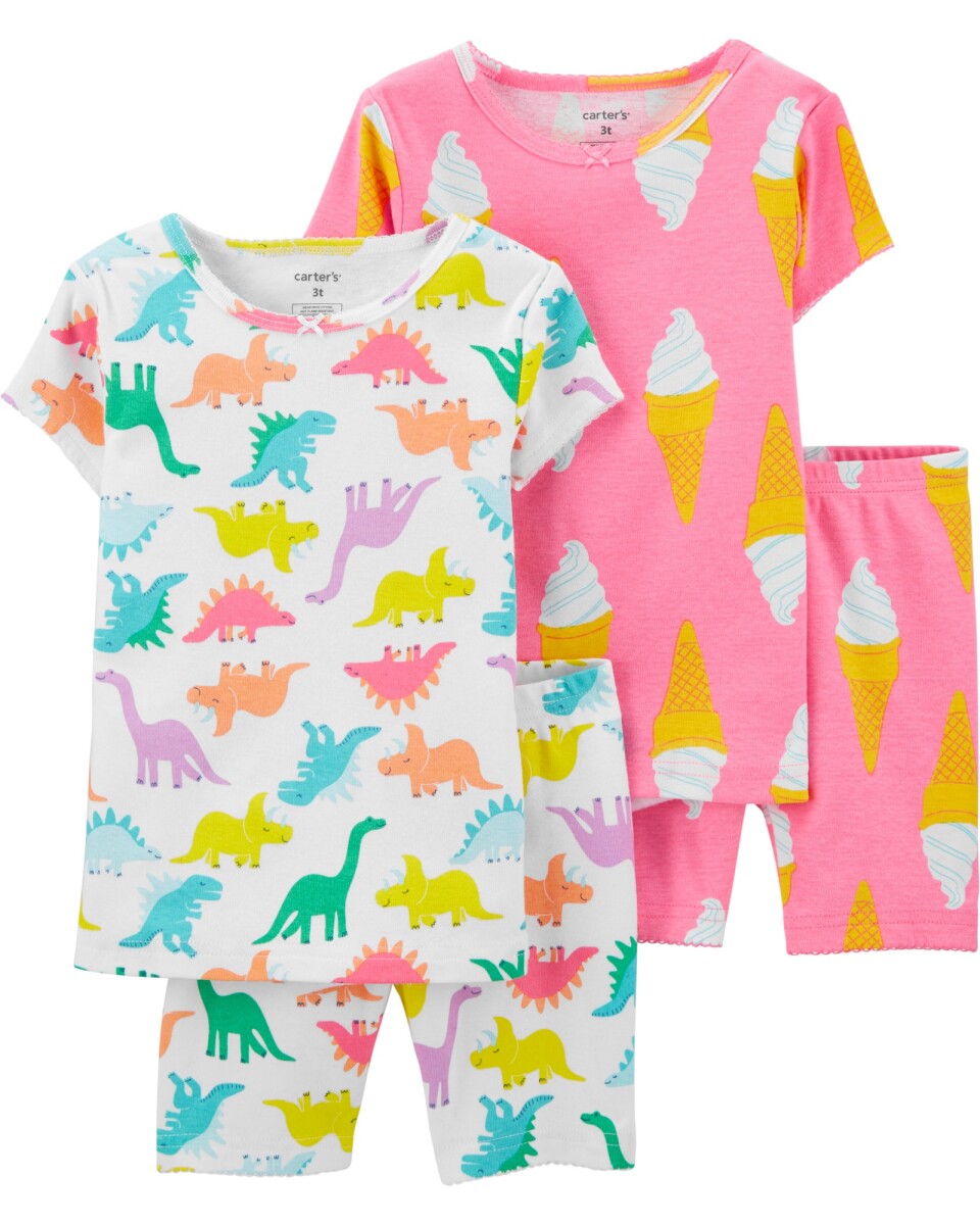 Pijama cuatro piezas dos remeras manga corta y dos shorts dinosaurios y helados algodón 