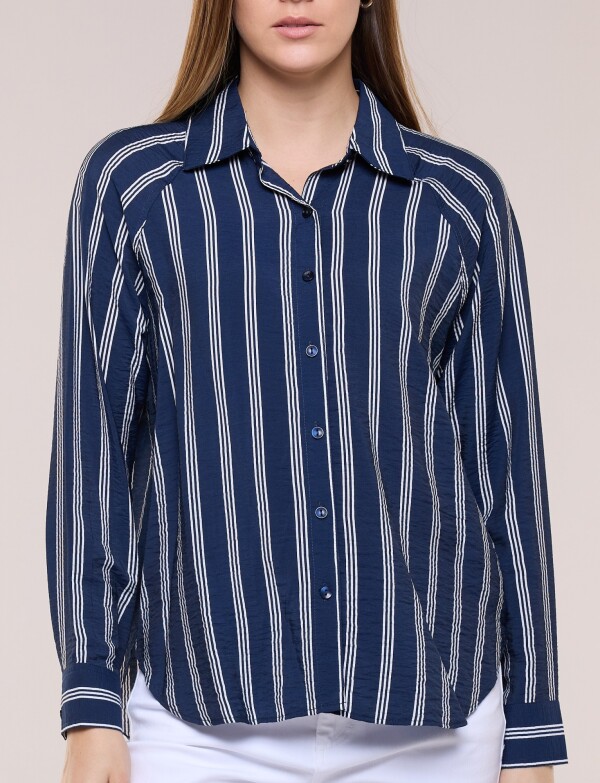 Camisa Rayada De Crepe Con Manga Raglán AZUL/BLANCO