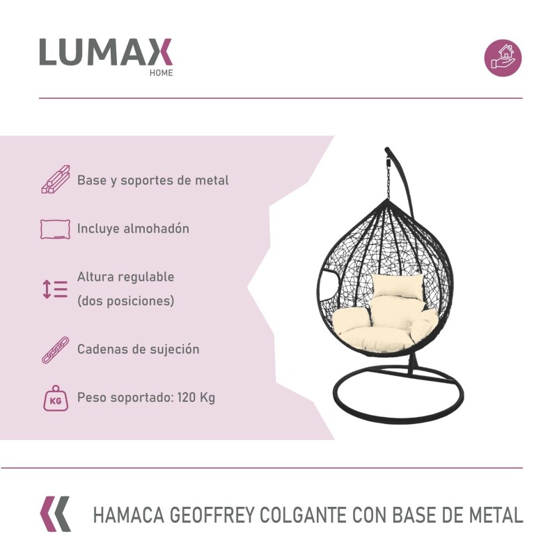 Hamaca nido colgante c/base metal y apoya pie jardín Negro/Crema