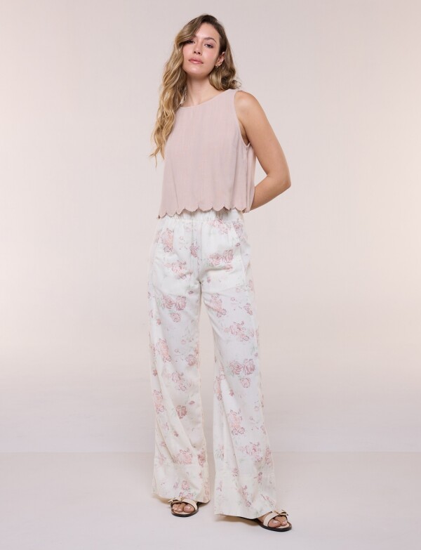 Pantalon Lino Wide Leg Con Estampa Floral CRUDO/MULTI