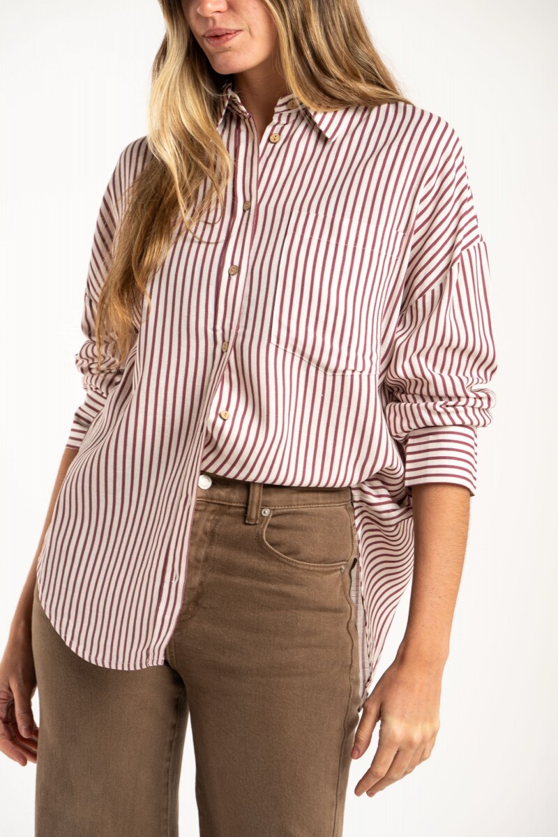 Camisa Rayada Con Lino Burdeos