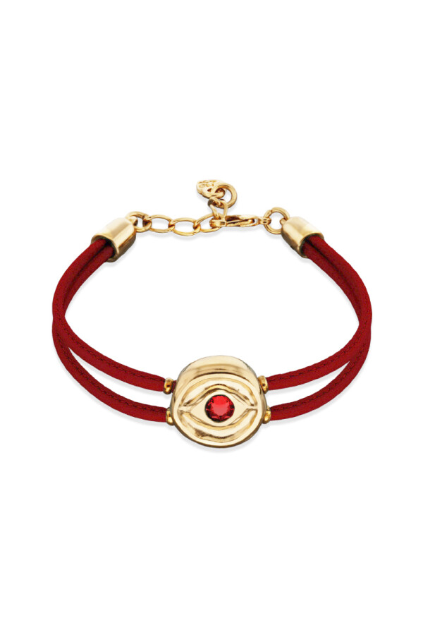 PULSERA DE CUERO DOBLE ROJA CON DETALLE DE OJO EN ALEACIÓN DE METALES BAÑADO EN ORO 18K Y CRISTAL Pulsera