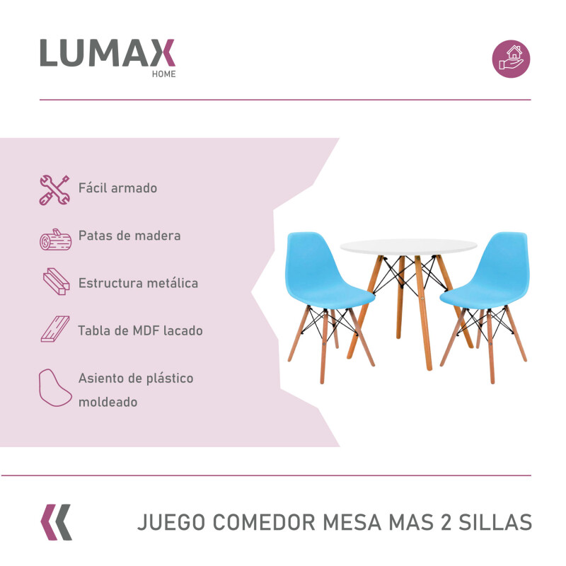 Juego de comedor Con Mesa Circular de 80cm + 2 Sillas Eames Azul