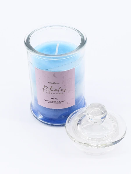 VELA FRASCO VIDRIO TAPA FRUTILLA AZUL