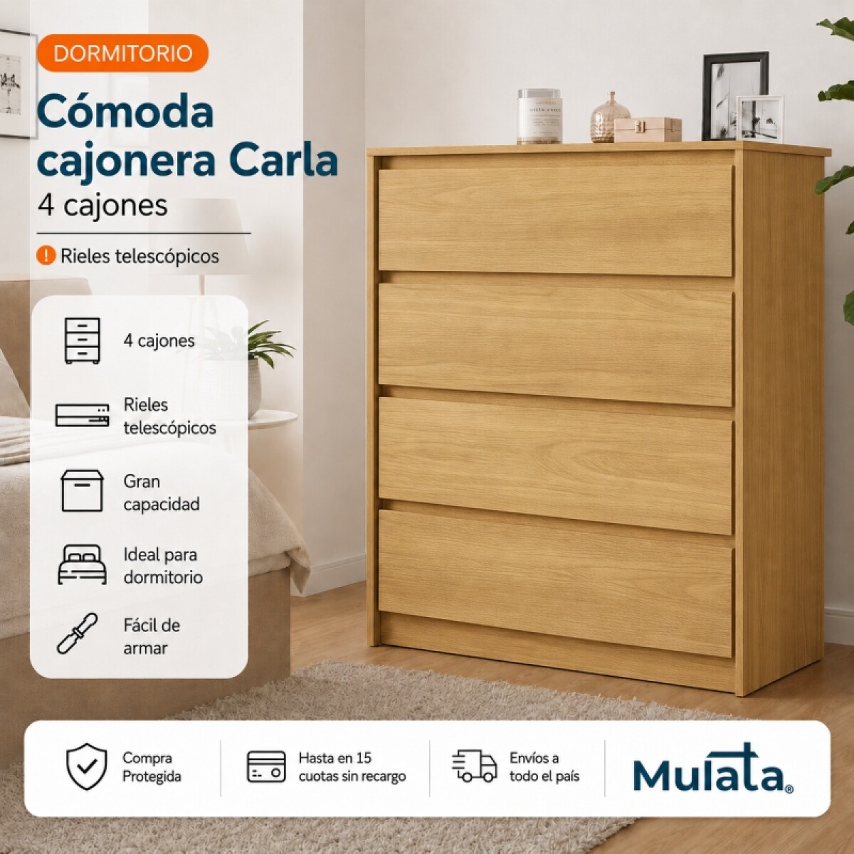 Comoda Cajonera Carla para Dormitorio 4 Cajones con Rieles Telescópicos - Marrocos 