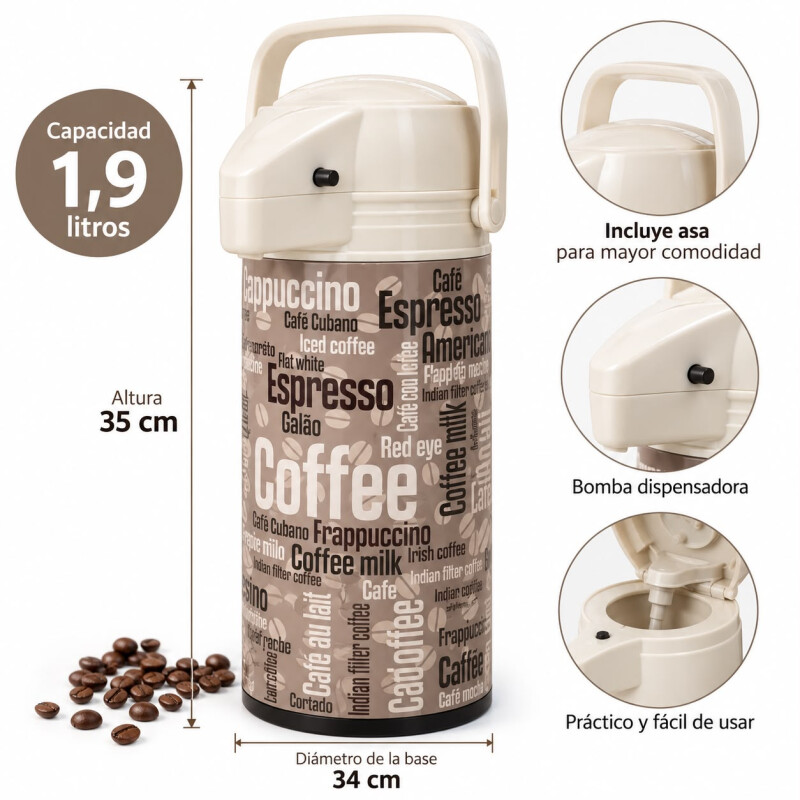 Termo Dispensador para Café 1,9 Litros con Fuelle Dispensador Gris