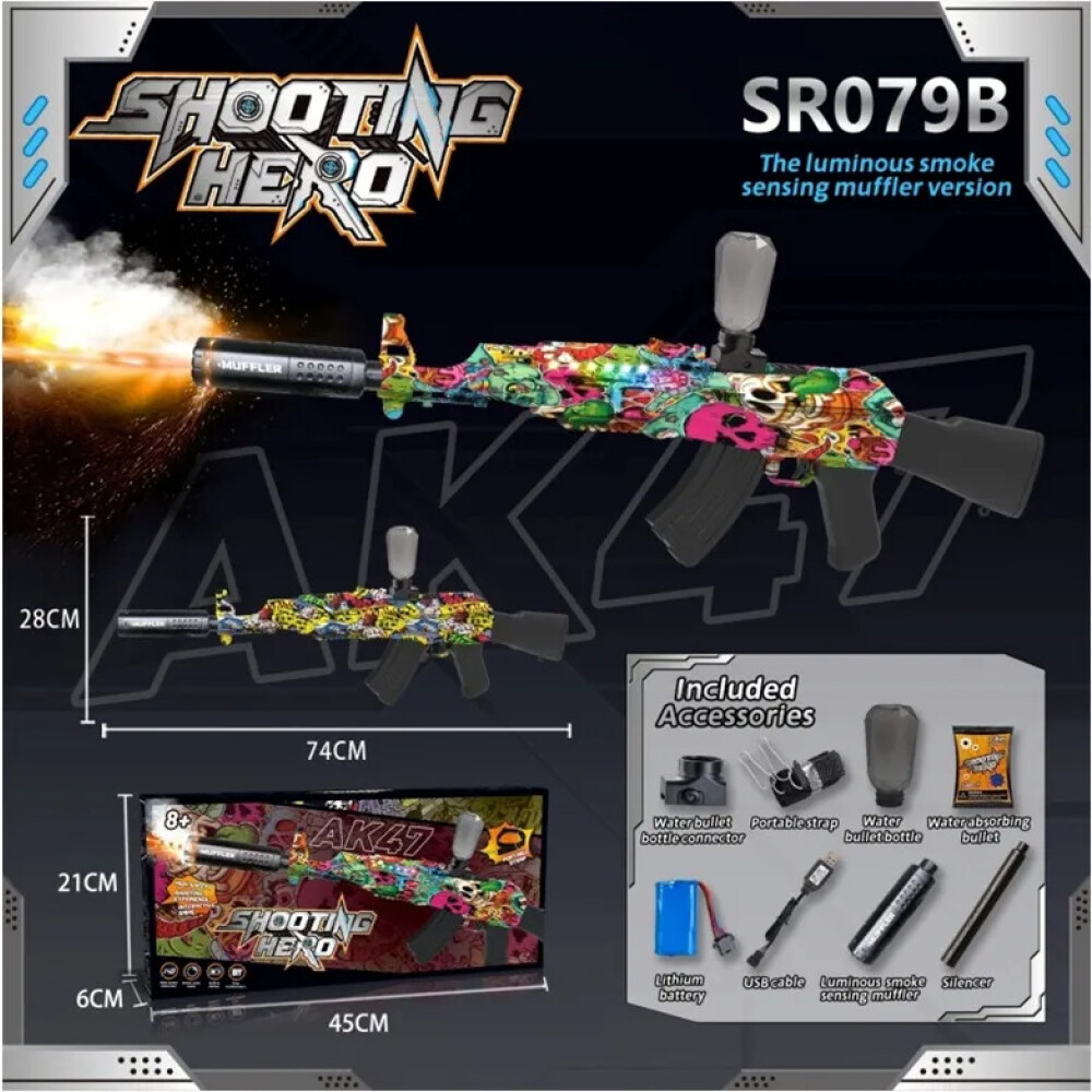 Arma AK47 de orbis hidorgel con efecto humo y luces para simular fuego del caño. Arma AK47 de orbis hidorgel con efecto humo y luces para simular fuego del caño.