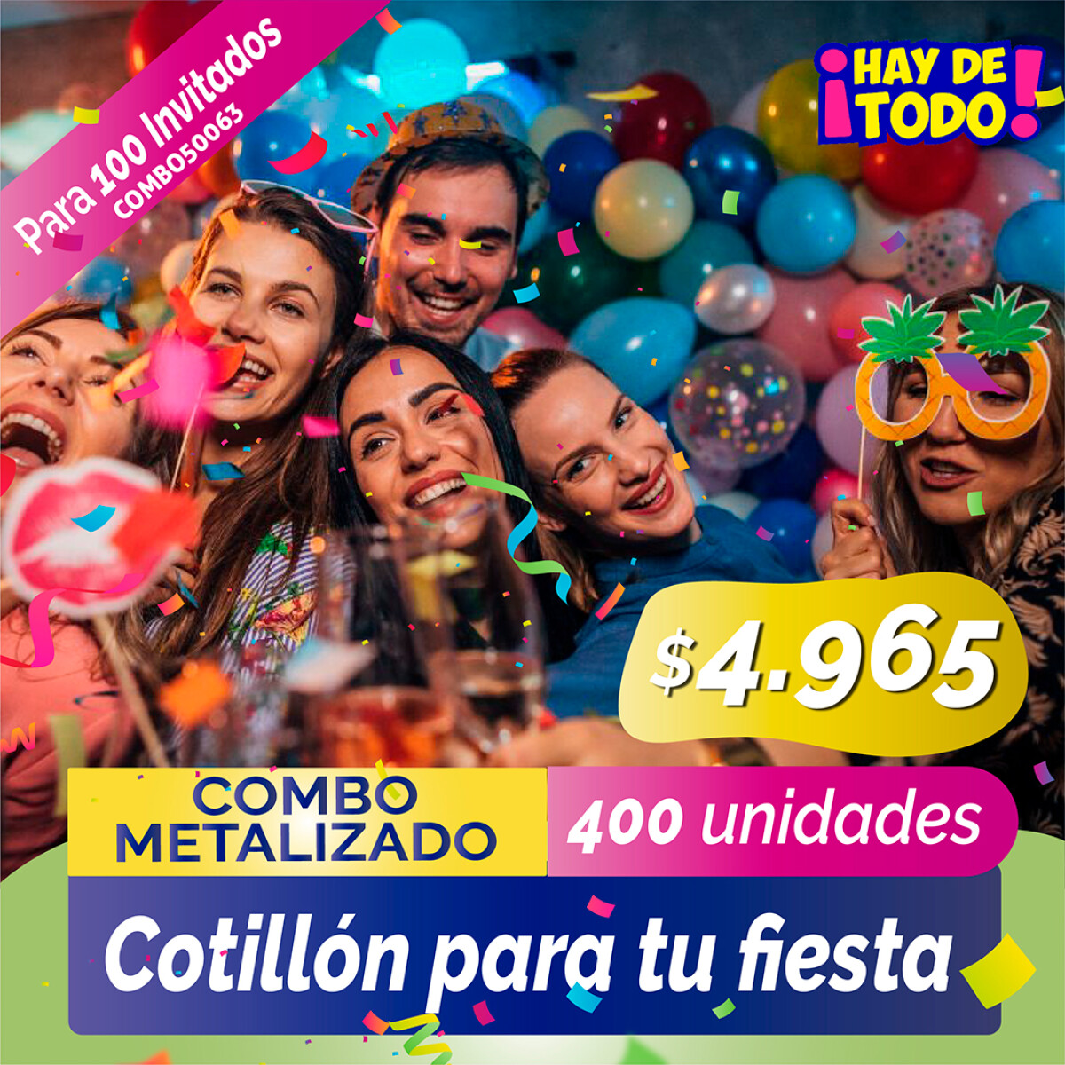 Combo Cotillon Metalizado 100 Invitados - 400 Articulos 