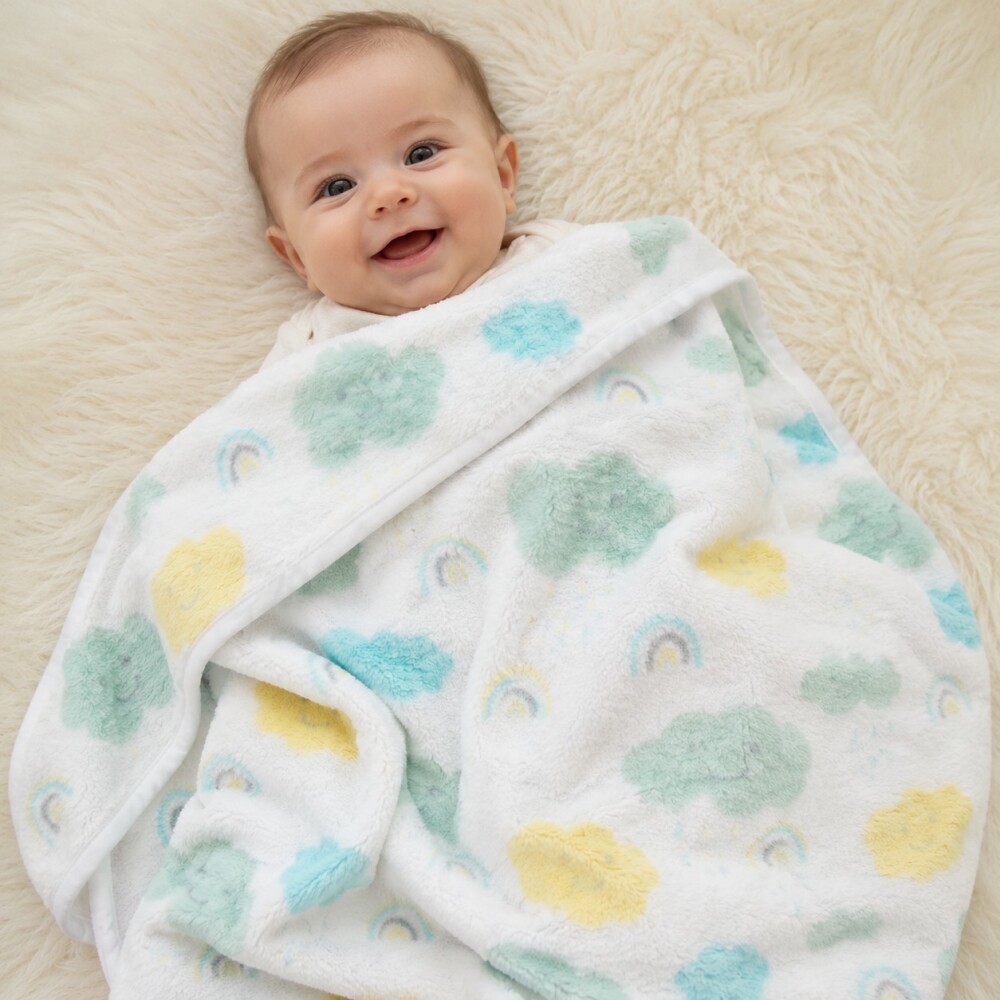 Manta fleece WAKIDS nubes pastel blanco