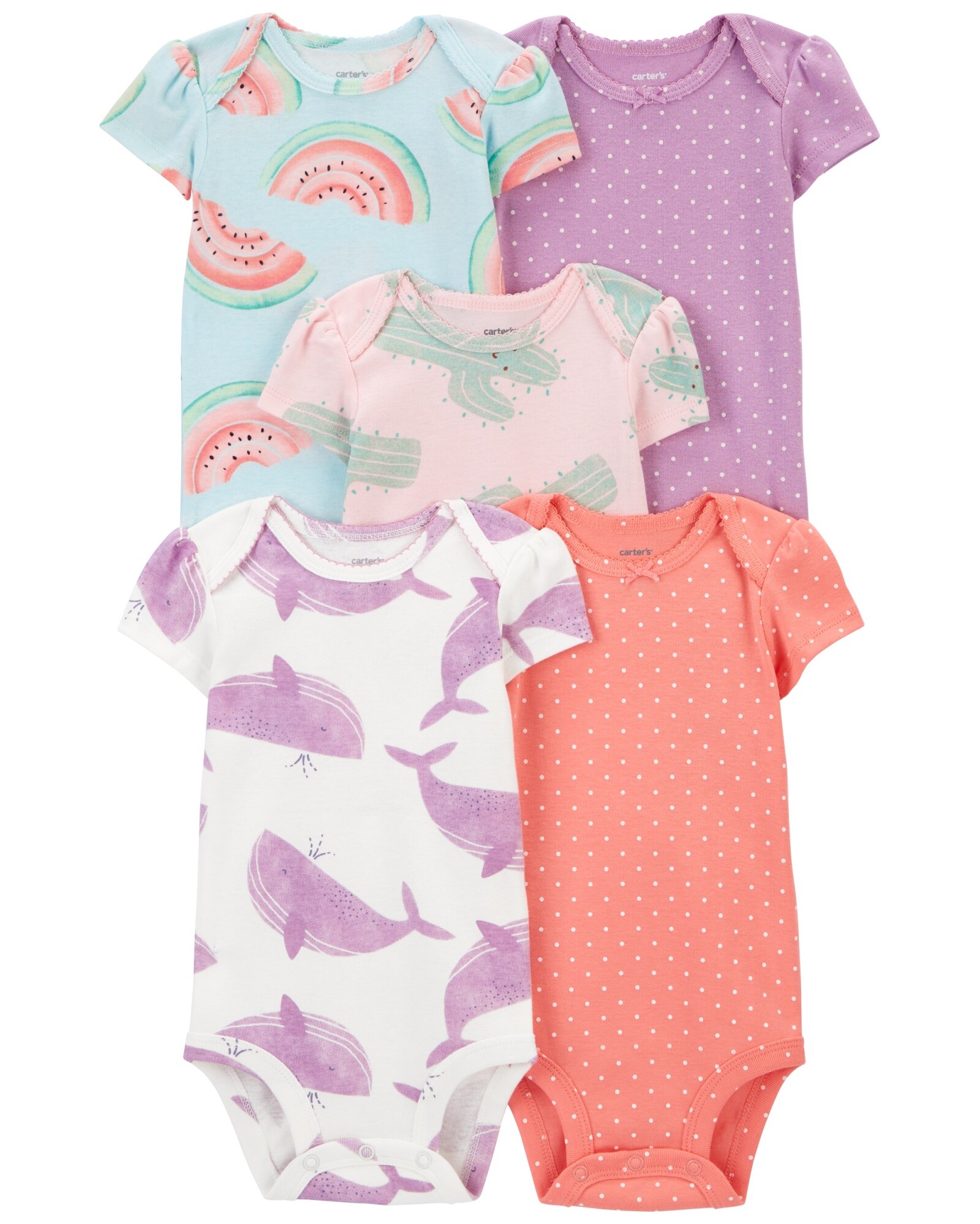 Pack cinco bodies de algodón, manga corta, estampados Sin color