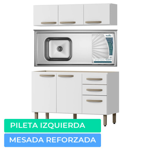 Combo de Cocina Bajo Mesada 3 Puertas 2 cajones + Pileta Izquierda Reforzada con Hormigón Célular + Aéreo 3 Puertas Blanco Combo de Cocina Bajo Mesada 3 Puertas 2 cajones + Pileta Izquierda Reforzada con Hormigón Célular + Aéreo 3 Puertas Blanco