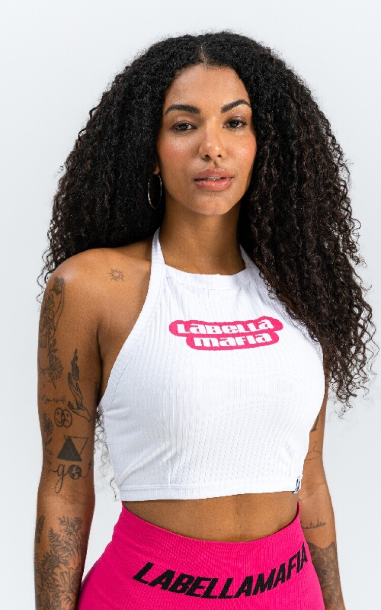 REMERA TOP TIPO MUSCULOSA BLANCA CON LETRAS ROSADAS 