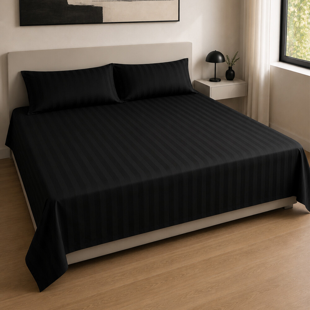 Juego de sábanas KING de tela a rayas Premium 400 hilos Negro