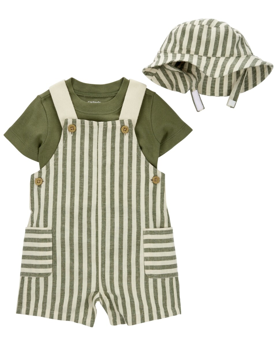 Set tres piezas, enterito corto y gorro de lino más remera de algodón 