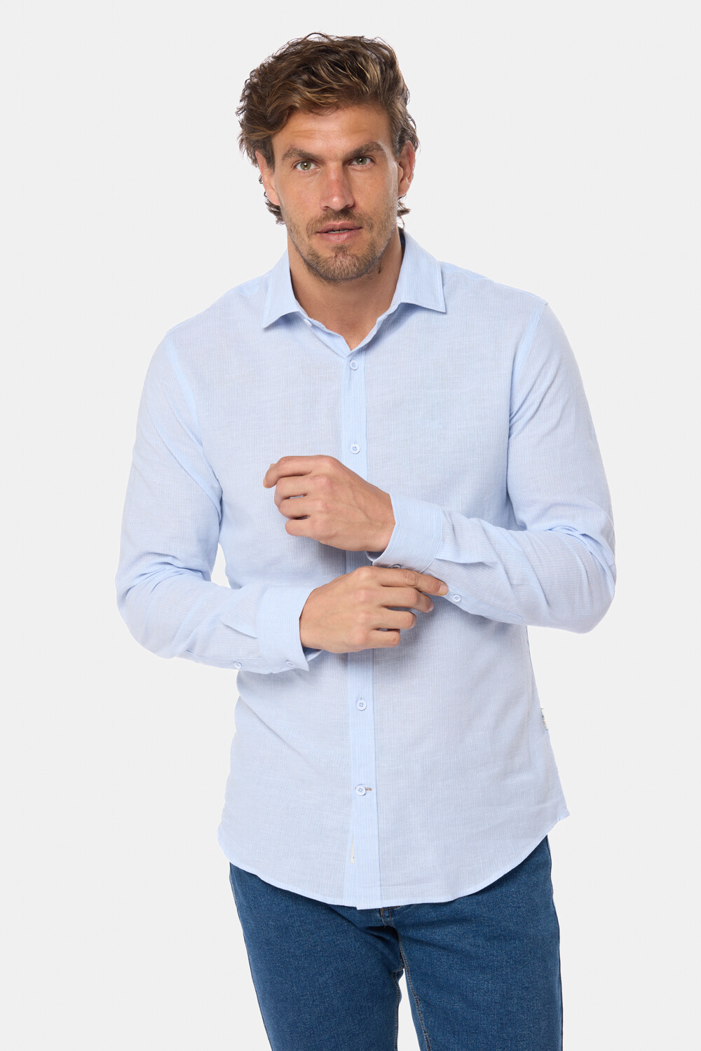 CAMISA DE LINO RAYADA Celeste
