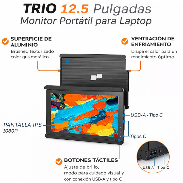 Monitor Portátil Mobile Pixeles Trio 12.5" Fhd 60hz MONITOR PORTATIL MOBILE PIXELS TRIO 12,5
