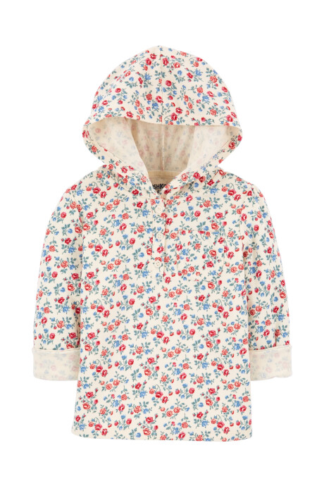 Remera de algodón con capucha, manga larga y botones diseño flores Sin color