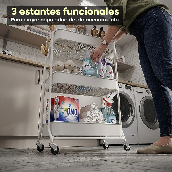 Carro Plegable Carrito Organizador de Metal con 3 Estantes y Ruedas Multiuso IMBACK Color Blanco Carro Plegable Carrito Organizador de Metal con 3 Estantes y Ruedas Multiuso IMBACK Color Blanco
