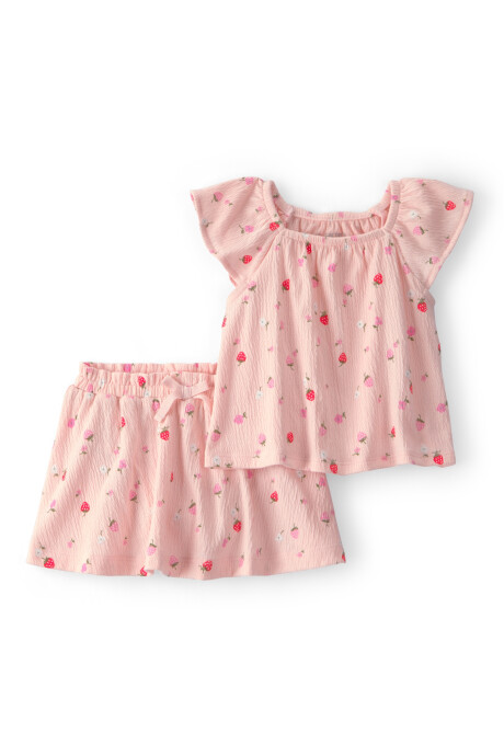 Set dos piezas de jersey arrugado, short pollera y remera, rosado, diseño frutillas. Talles 6-24M Sin color