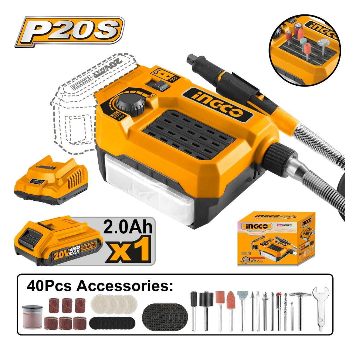 Minitorno a Bateria 20V P20S C/eje Flexible en Caja C/1 Bat + 40 Accesorios - CMGLI20011 Ingco 