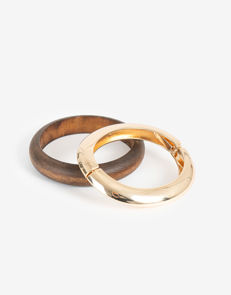 Pulseras Rígidas Sets Madera Set Pulseras Rígidas Metal Y Madera - Dorado