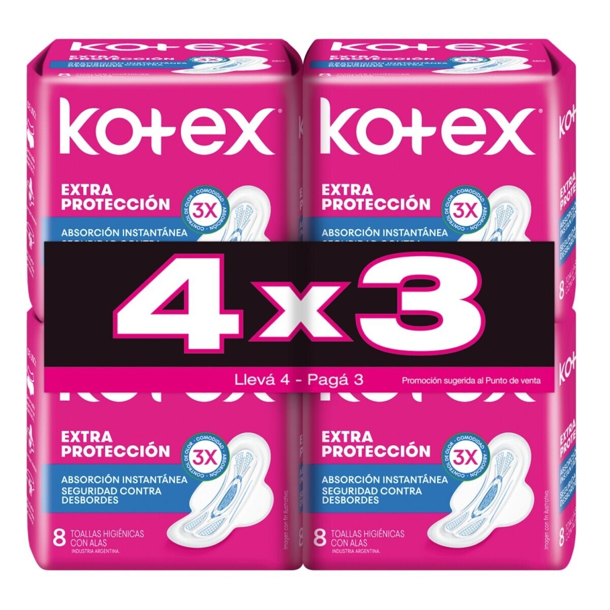 Kotex toallas femeninas pack 4x3 - Extra protección 