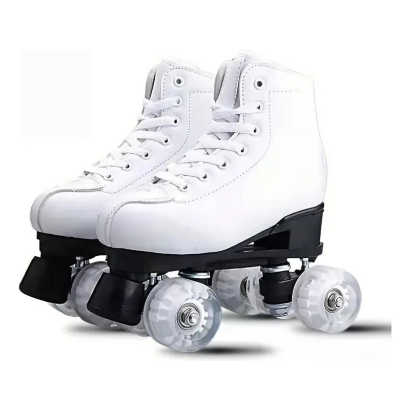 Patines 4 Ruedas Artístico Con Luces Bota De Cuero Blanca Blanco