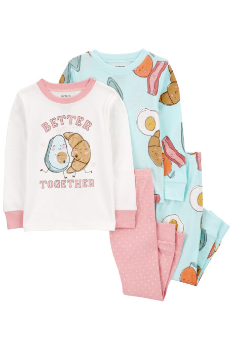 Pijama cuatro piezas de algodón, dos pantalones y dos remeras, diseño desayuno Sin color