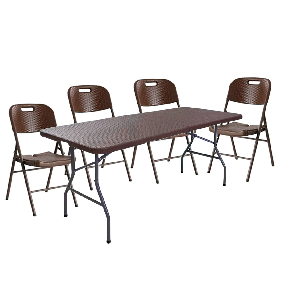 Juego de mesa 1.80 y 4 sillas plegables ratán Hdpe - MARRON 