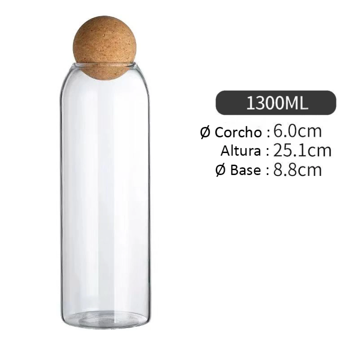 Frascos De Vidrio C/Tapa Corcho Circular 1300ML Alto 25cm x Ø 10cm 
