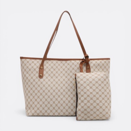 Cartera Tote Con Diseño Trama Imperial Incluye Neceser Blanca