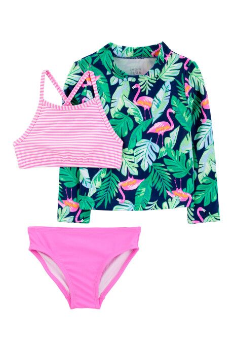 Set de baño tres piezas, protección UPF 50+, diseño tropical. Talles 2-5T Set de baño tres piezas, protección UPF 50+, diseño tropical. Talles 2-5T