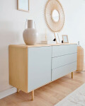 Aparador Anielle 1 puerta y 3 cajones de madera maciza y chapa de fresno 150 x 78 cm