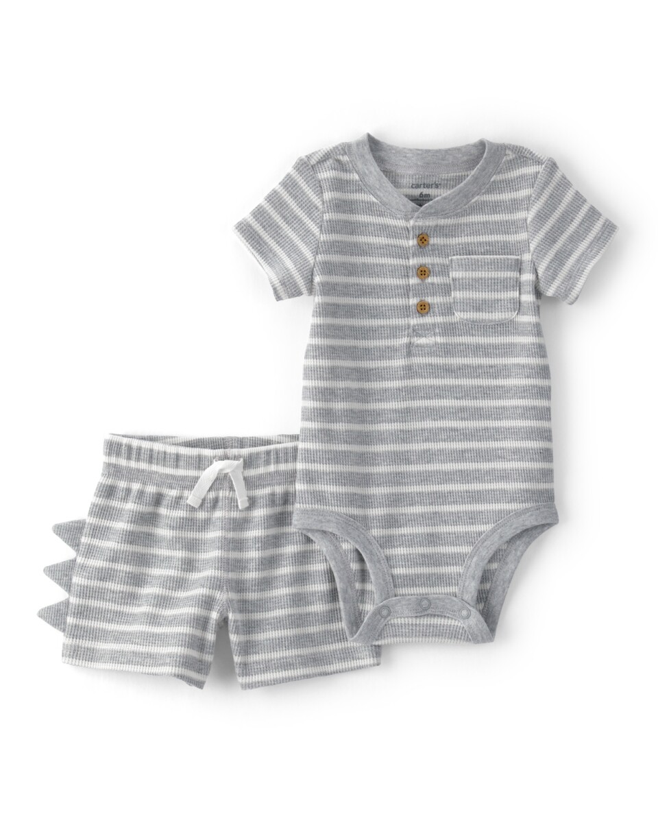 Set dos piezas de algodón térmico, short y body, gris, diseño a rayas con espinas de dino 