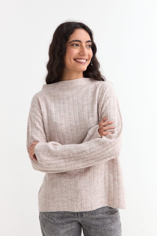Sweater canalé con mangas oxford BEIGE