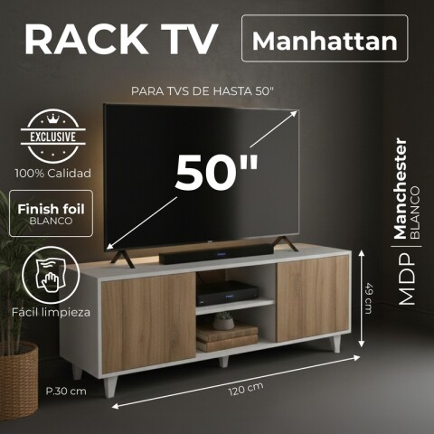 Mueble Rack de Tv Hasta 50" Manhattan de Piso con 2 Puertas y Estantes 120 cm de Ancho - Manchester / Blanco Mueble Rack de Tv Hasta 50" Manhattan de Piso con 2 Puertas y Estantes 120 cm de Ancho - Manchester / Blanco