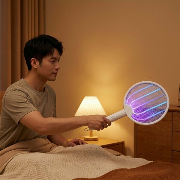 Raqueta Eléctrica Mata Mosquitos Insectos Recargable 2 En 1 Color Blanco