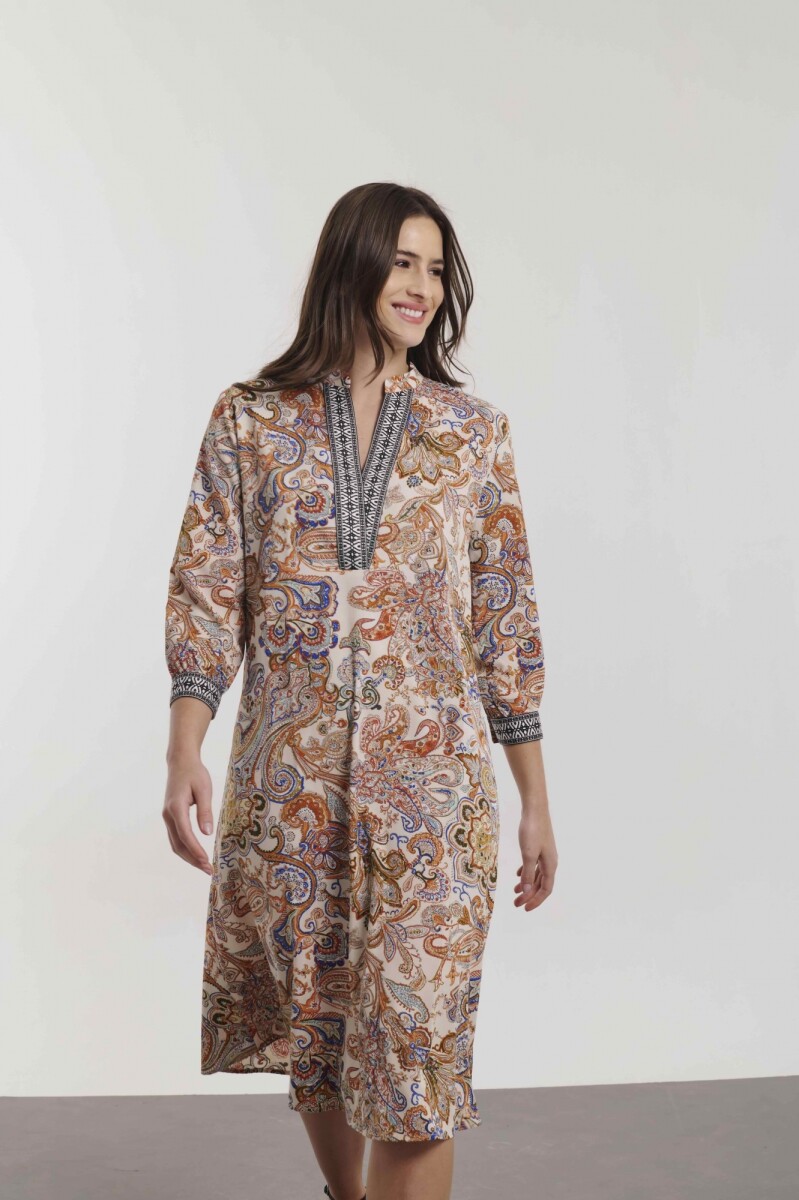 VESTIDO CIRA - ESTAMPADO CRUDO Y NARANJA 