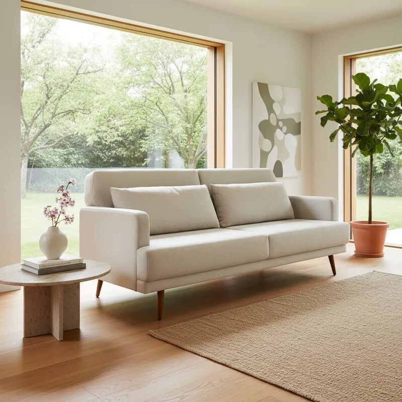 SOFA CAMA NORDICO TELA CLARA - ALMOHADONES BEIGE -PRODUCTO CON DETALLES - OUTLET SOFA CAMA NORDICO TELA CLARA - ALMOHADONES BEIGE -PRODUCTO CON DETALLES - OUTLET