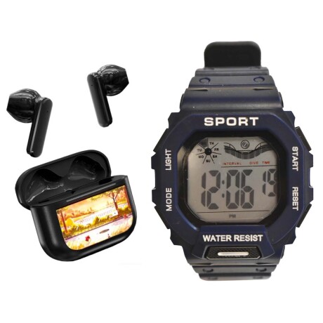 Set Reloj Deportivo Hombre + Auricular YX28 Inalámbrico BT Azul Oscuro