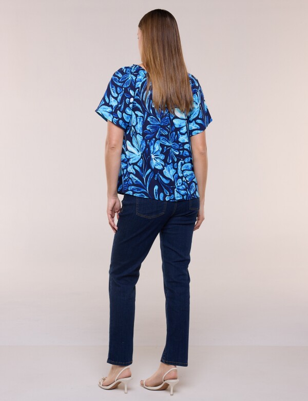 Blusa Holgada Escote Redondo Elastizado AZUL/MULTI