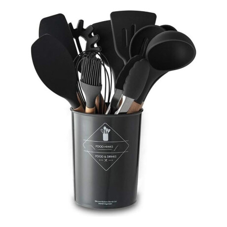 Kit Set Utensilios Para Cocina Madera Y Goma Negro