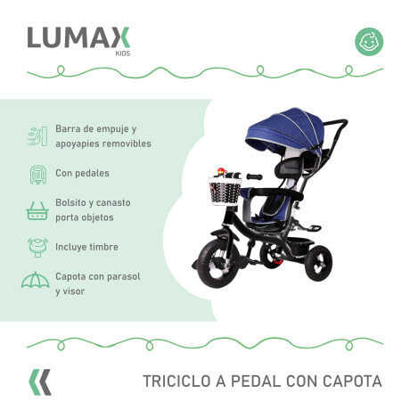 Coche Triciclo a Pedal C/Guía y Capota giratorio 360 Azul