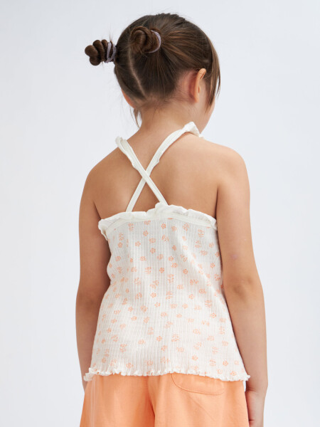 Camiseta en rib sin mangas con flores Crudo