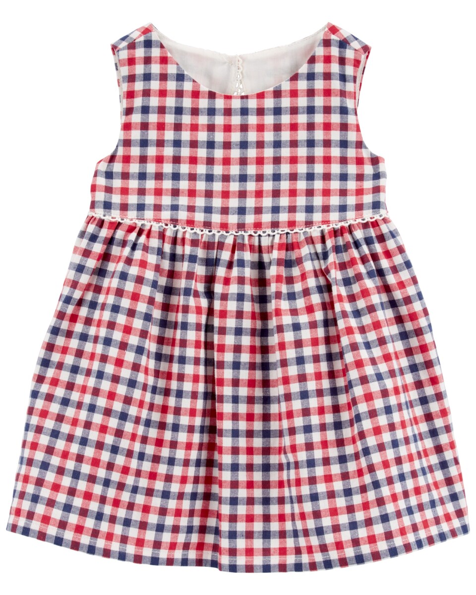 Vestido de algodón, con bordes de ojales, diseño a cuadros 