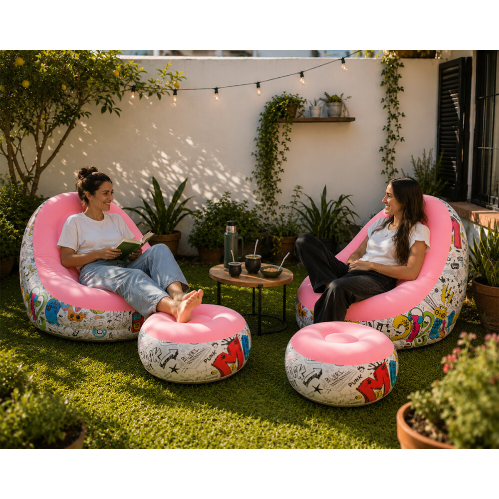 Sillón Inflable Con Puff Sofá Con Apoyapies Rosa
