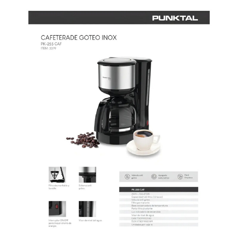 Cafetera De Goteo Punktal con filtro 1.25 Litros 750w Cafetera De Goteo Punktal con filtro 1.25 Litros 750w
