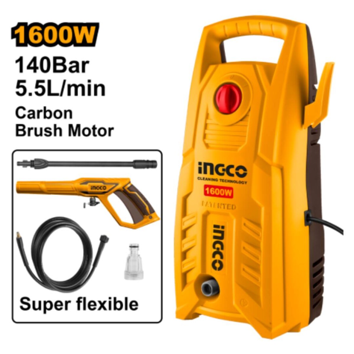 Hidrolavadora INGCO 1600W 140BAR Motor a Cabrones - Con autostop 